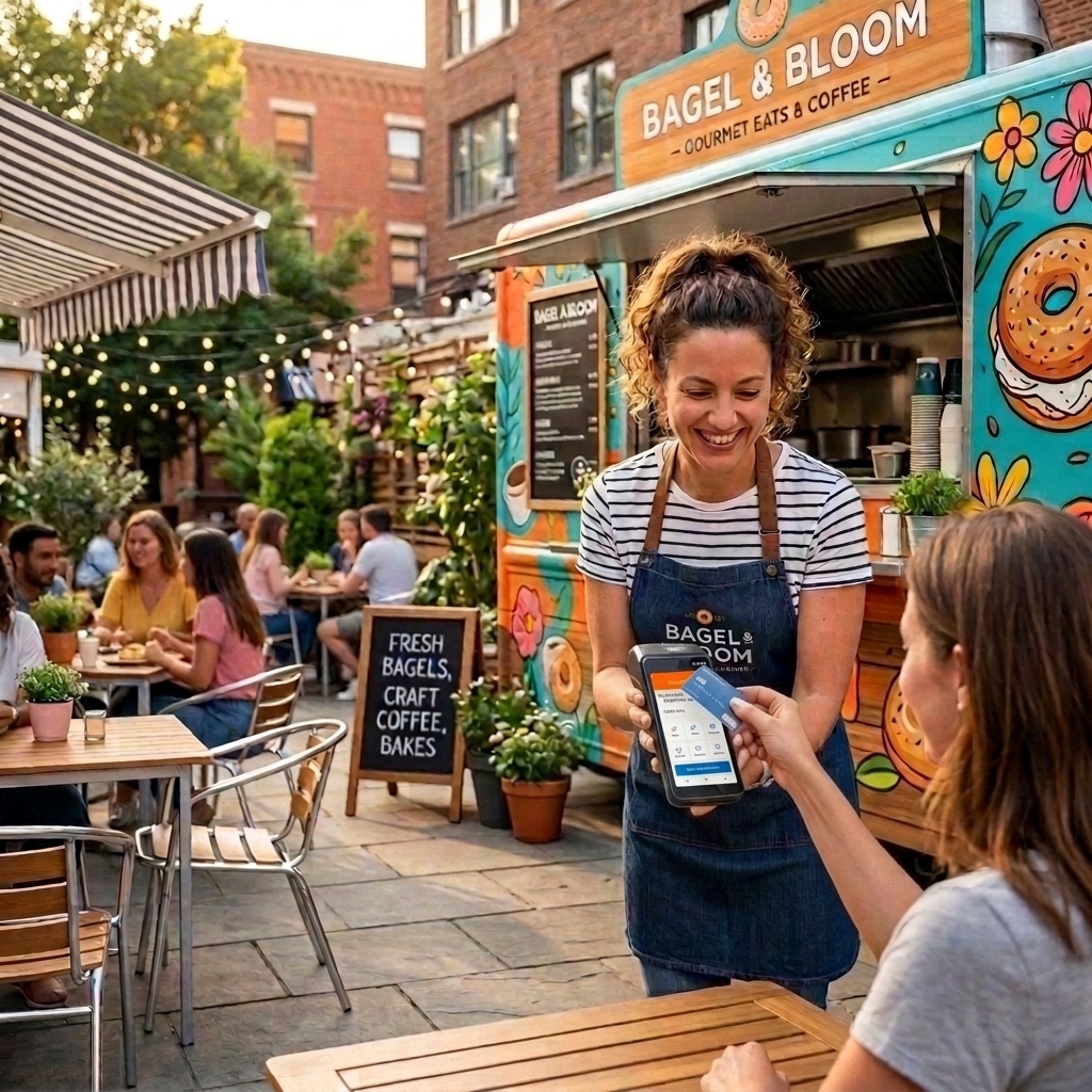 Food truck & restaurant operator taking orders on mobile Bagel POS