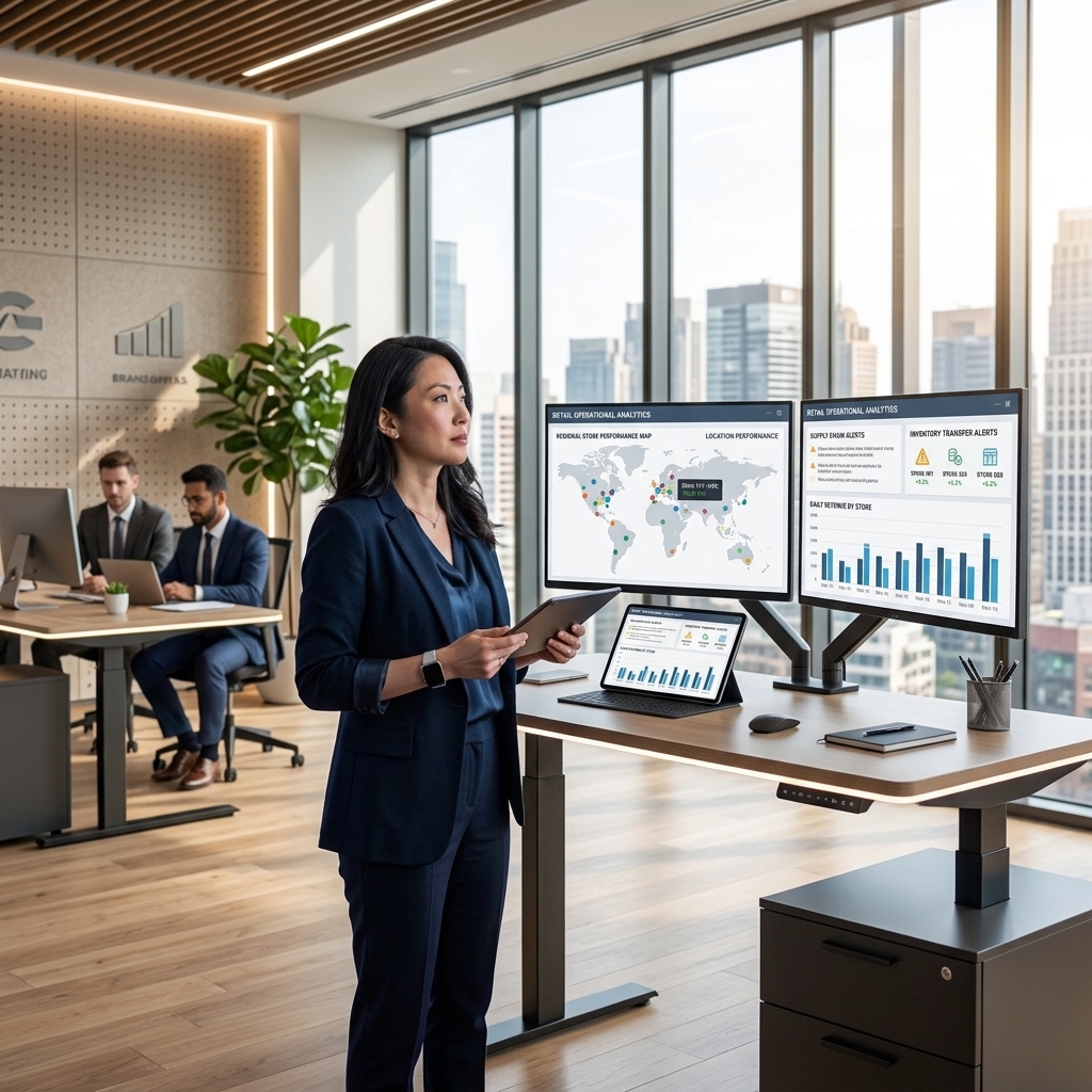 Multi-location retail executive overseeing dashboards